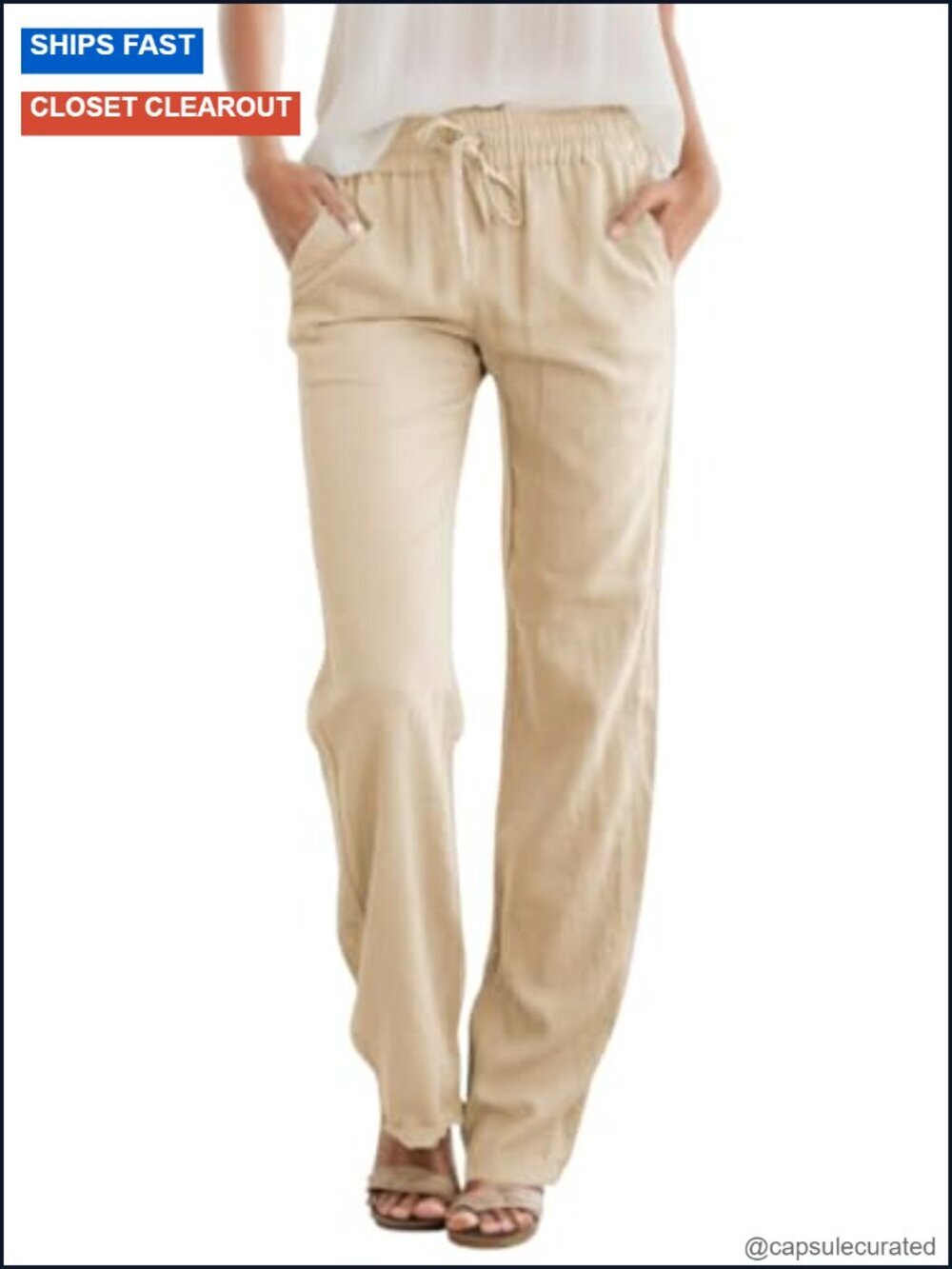High Waist Linen Blend Drawstring Straight Leg Pants with Pockets
